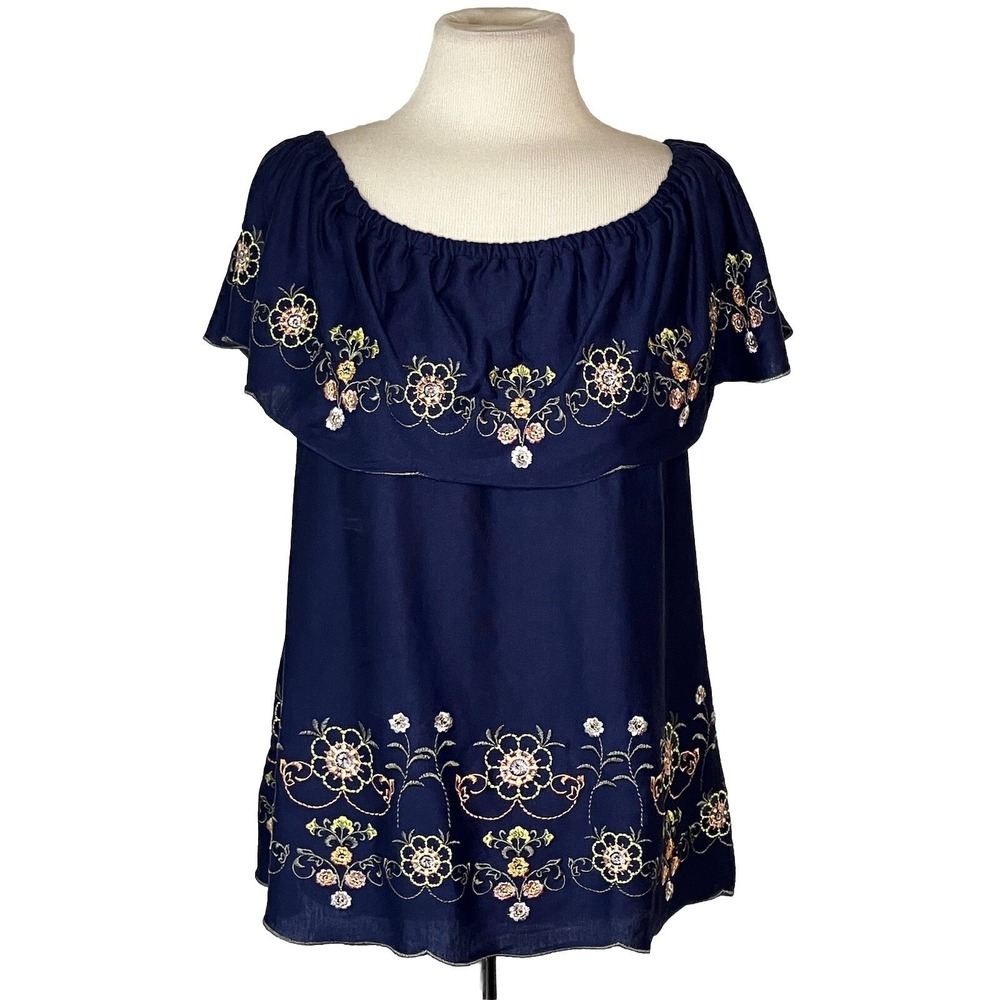 Fever Shirt navy‎ Sz m embroidery ruffle cottage core sleeveless Hippie Babydoll